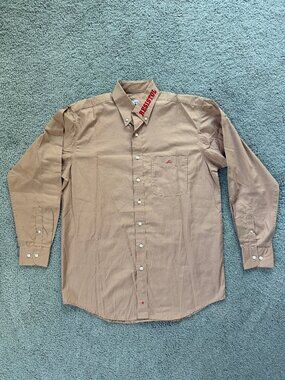 Vintage Resistol Ranch Western Rodeo Shirt Cotton Tan Red Spell Out Logo Men M